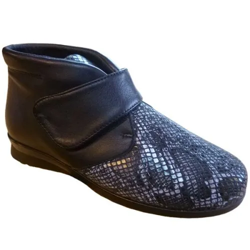 Botín mujer con velcro, hecho en España, piel/serpiente, planta piel y forro tela y piso semicuña de goma Palillos 35/41 Negro 1222