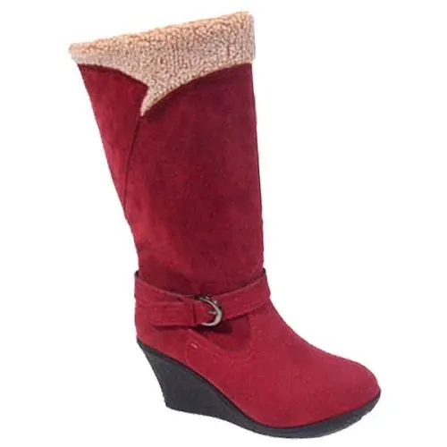 Bota mujer con cremallera lateral, serraje, planta y forro de pelo, piso cuña antideslizante R.F. 35/40 Rojo y Marrón 598-3