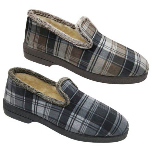Zapatillas cerradas caballero Cuadros con piso de goma y forrada de lana Cruan 35 a 46 Gris Marron 663 CAJA